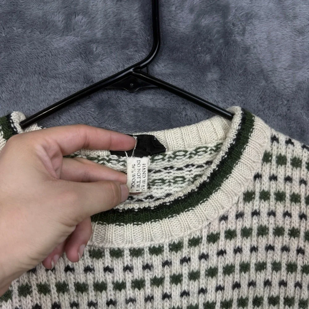 Fathom Sweater Mens L White Green Wool Blend Nordic Knit Crew Neck Vintage